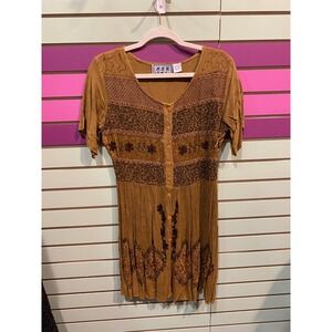 MPH Vintage Boho Paisley Patchwork Button Front Midi Dress Tunic Small